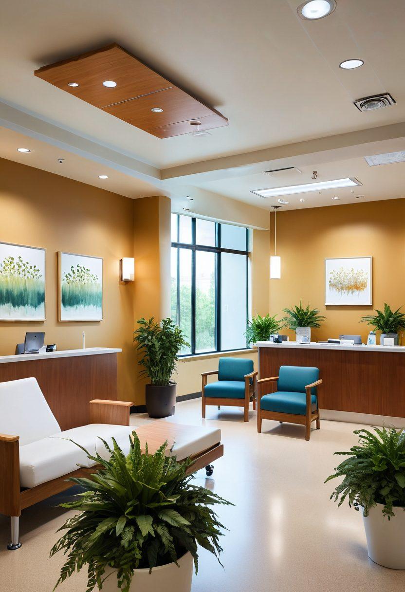 A serene and inviting hospital environment with a warm-tone color palette, featuring a diverse group of patients engaging with compassionate healthcare professionals. Include elements like supportive hands, holistic wellness items like plants and soothing decor, and technology aiding in patient care. Capture the essence of hope and collaboration in a space that emphasizes comfort and resilience. super-realistic. vibrant colors. soft lighting.