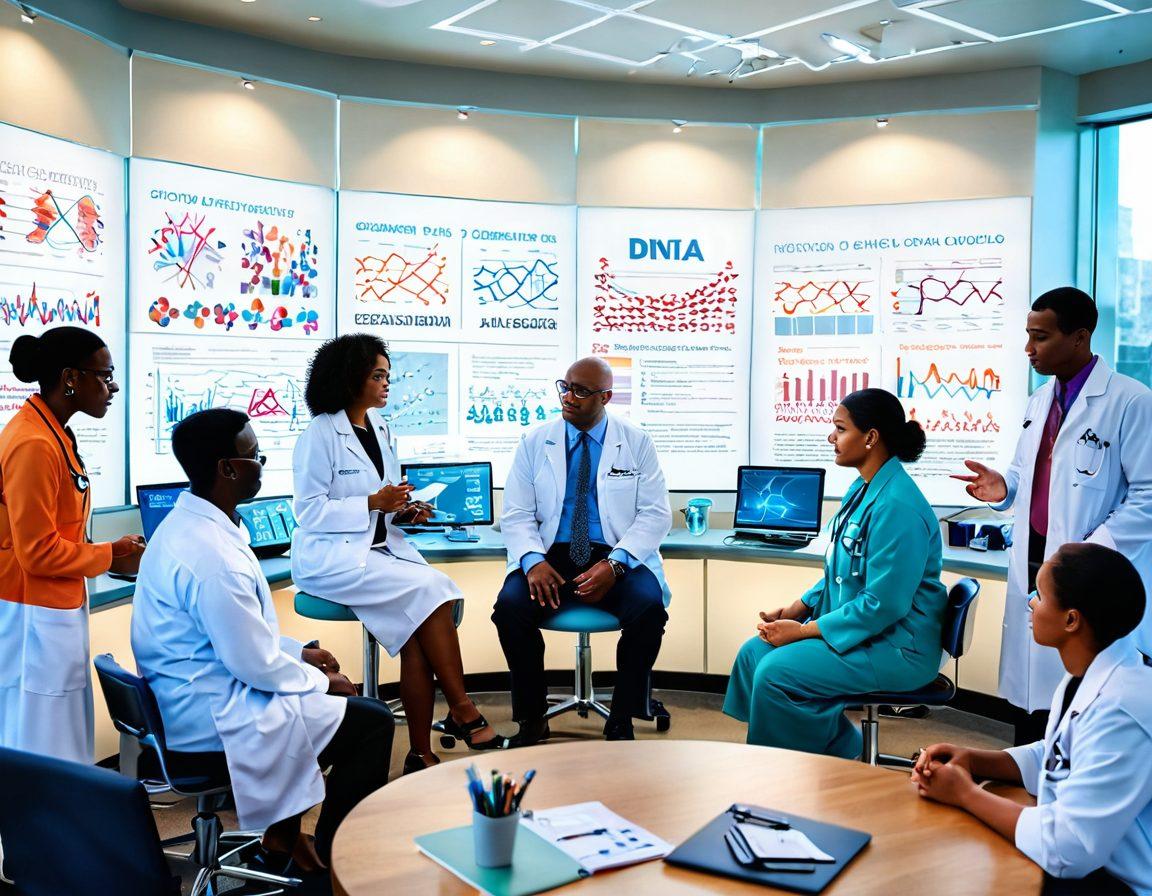 A vibrant community scene depicting oncologists collaborating with patients in a modern clinic, intertwined with research elements like graphs and DNA strands in the background. A diverse group of people engaging in discussions and activities that symbolize empowerment and education about cancer care. Warm lighting to create an inviting atmosphere. super-realistic. vibrant colors. 3D.