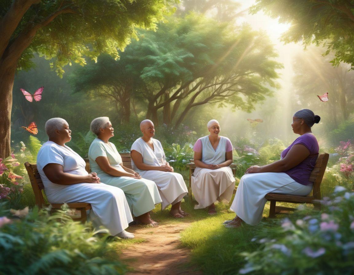 A serene scene depicting a diverse group of cancer survivors engaging in supportive therapies, surrounded by lush greenery and soft sunlight filtering through trees. Include symbolic elements like butterflies representing hope and healing, along with vibrant artwork showcasing medical innovation in the background. The atmosphere should be uplifting and empowering, conveying a sense of community and resilience. super-realistic. vibrant colors. peaceful setting.
